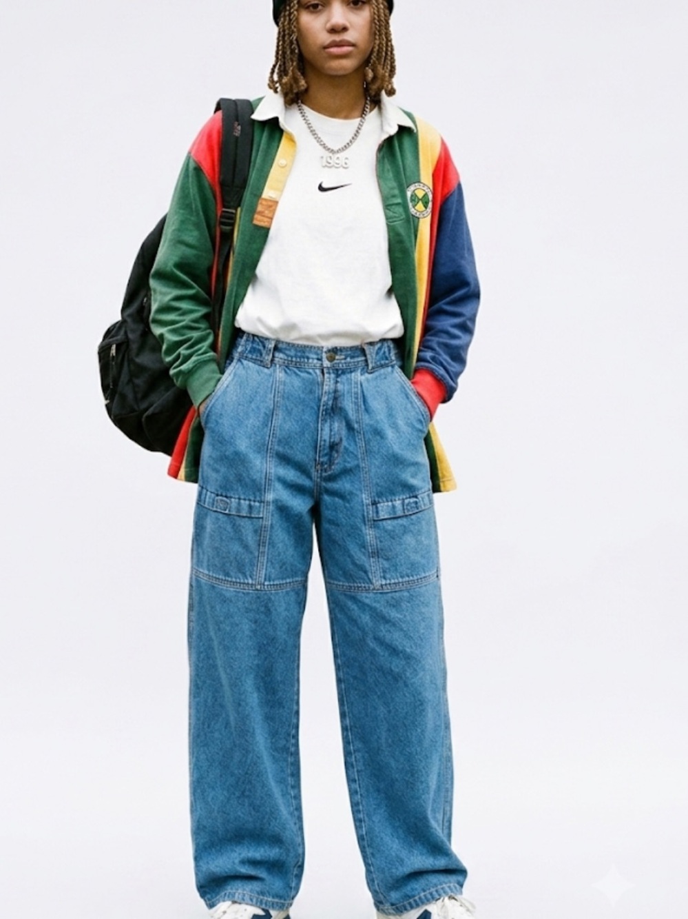 Vintage 90s BUGLE BOY High Rise Cargo Utility Wide Leg Jeans Medium Wash
